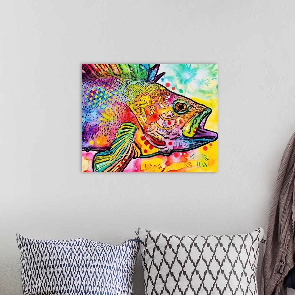 A bohemian room featuring Vibrant painting of a fish with abstract designs and its mouth wide open.