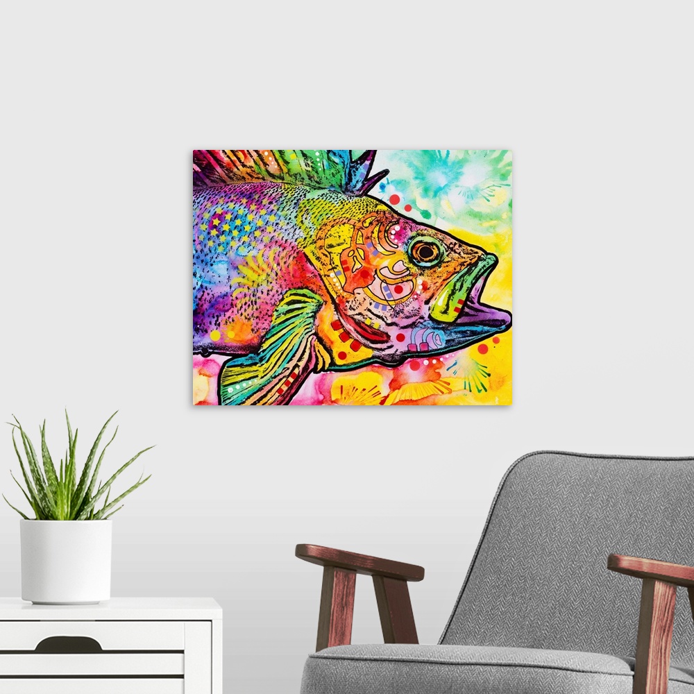 A modern room featuring Vibrant painting of a fish with abstract designs and its mouth wide open.