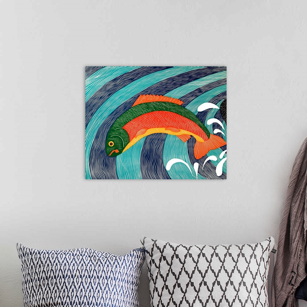 A bohemian room featuring Illustration of a colorful trout jumping out of the water.