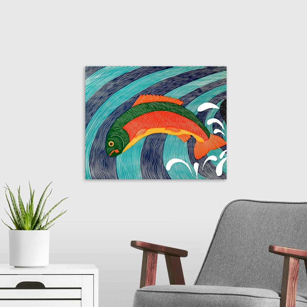 A modern room featuring Illustration of a colorful trout jumping out of the water.