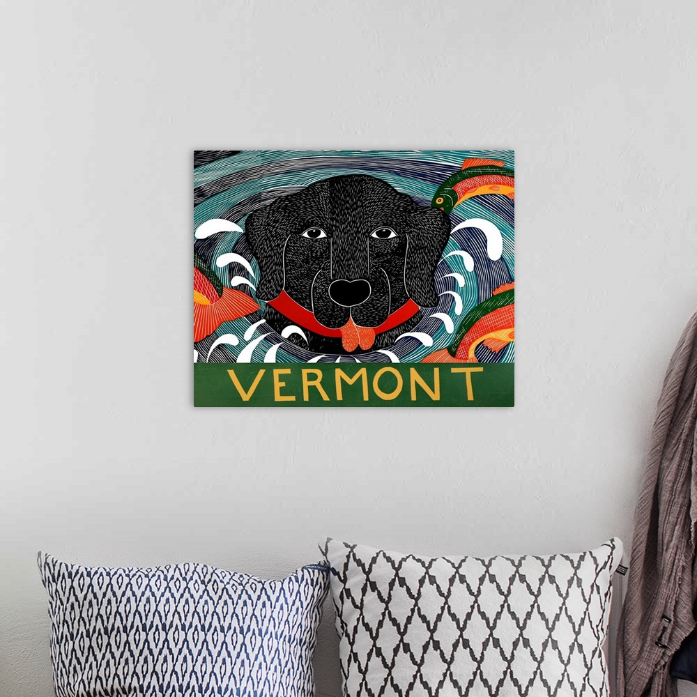 A bohemian room featuring Illustration of a black lab with its head popping out of the water and colorful fish jumping arou...