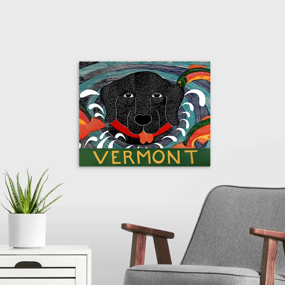 A modern room featuring Illustration of a black lab with its head popping out of the water and colorful fish jumping arou...