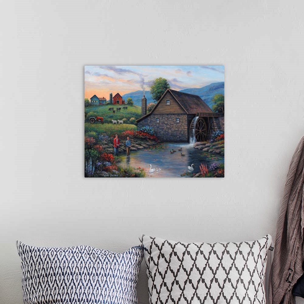 A bohemian room featuring Fishing By The Waterwheel