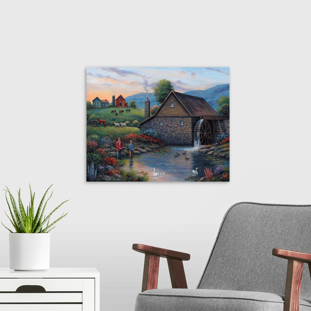 A modern room featuring Fishing By The Waterwheel