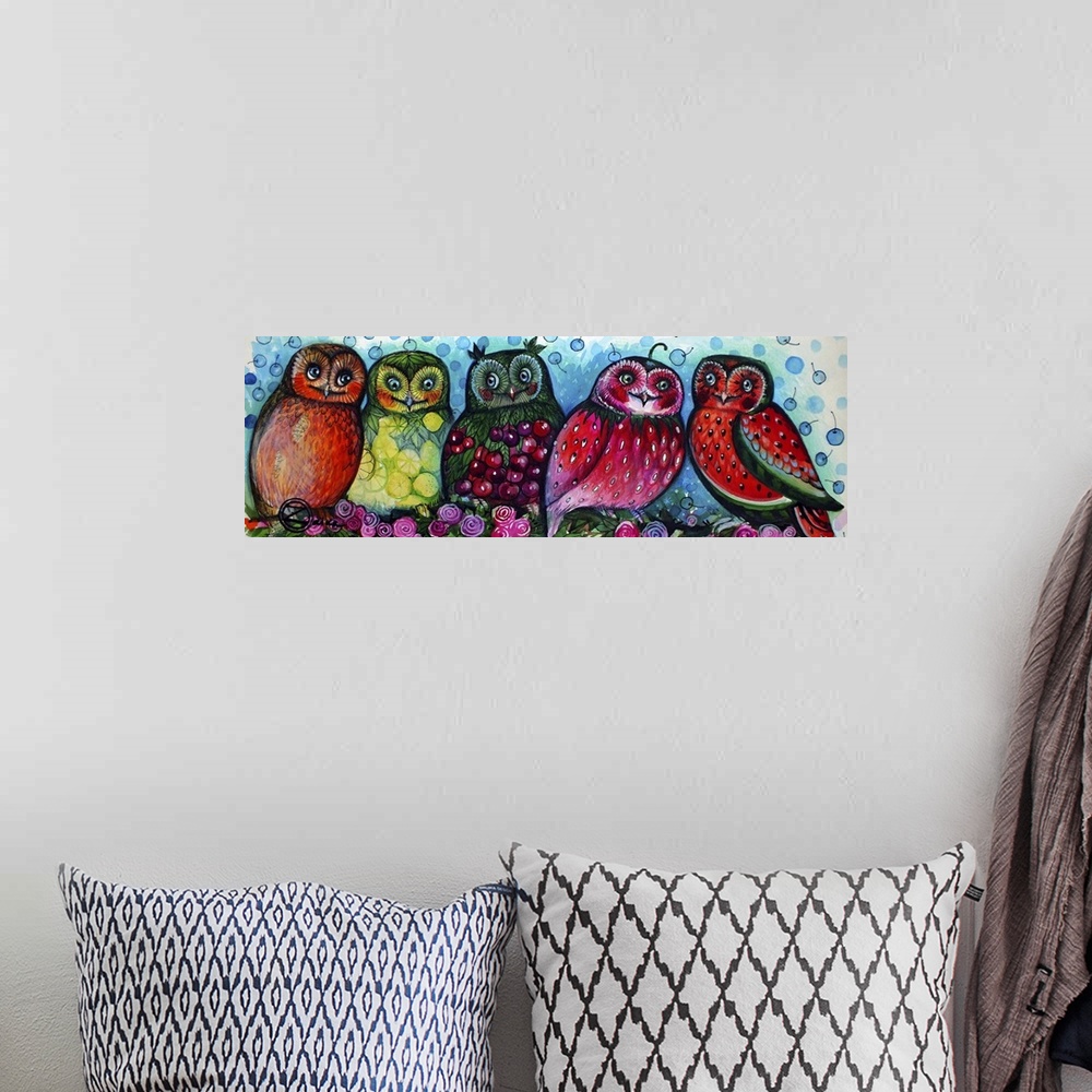 A bohemian room featuring Contemporary painting of five owls painted with different fruit patterns.