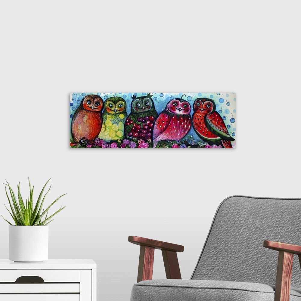 A modern room featuring Contemporary painting of five owls painted with different fruit patterns.