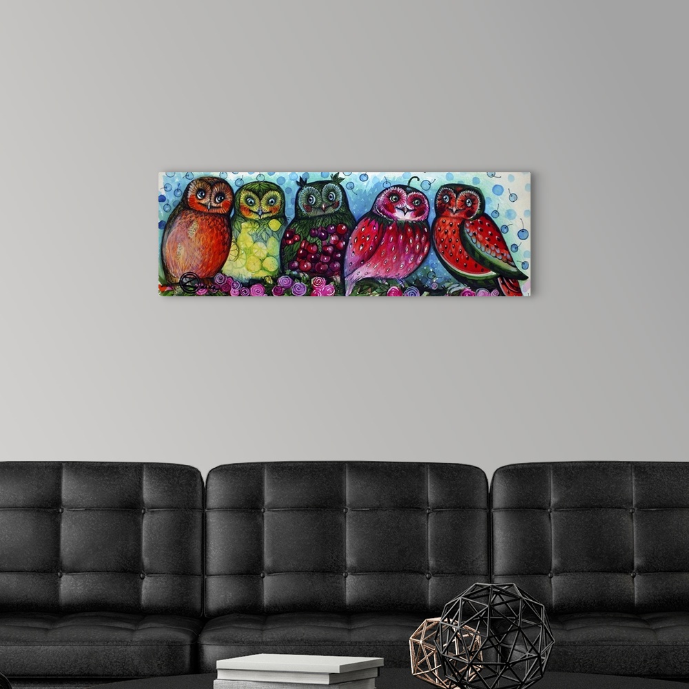 A modern room featuring Contemporary painting of five owls painted with different fruit patterns.