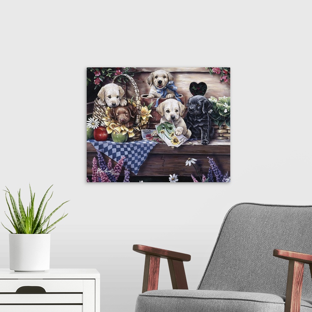 A modern room featuring Five Puppies