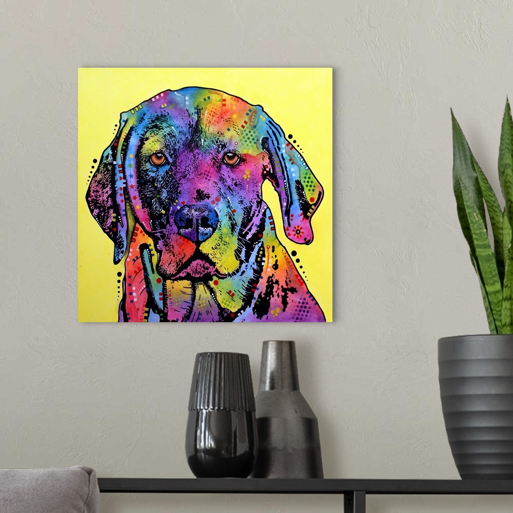 A modern room featuring Contemporary stencil painting of a labrador retriever filled with various colors and patterns.