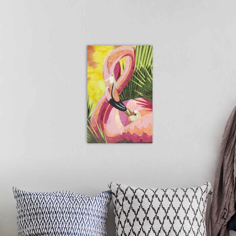 A bohemian room featuring Contemporary colorful fabric art of a vibrant pink flamingo feeding its chick.
