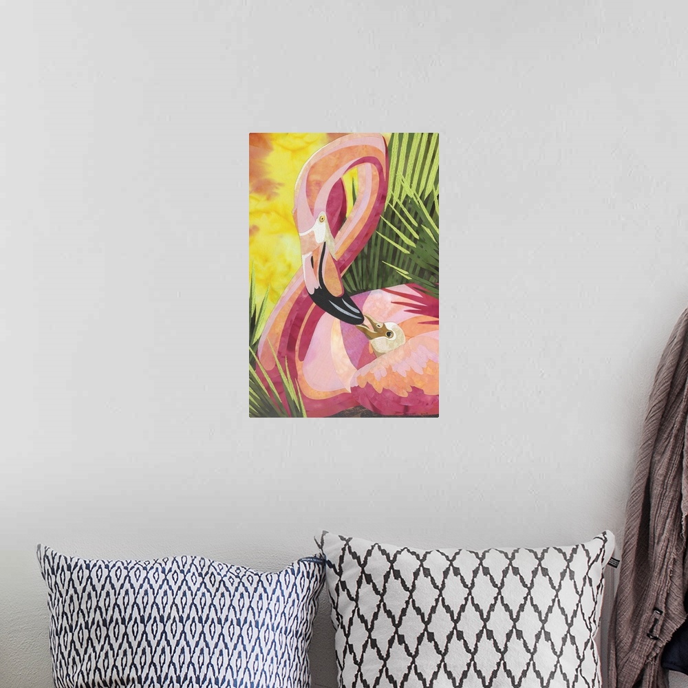 A bohemian room featuring Contemporary colorful fabric art of a vibrant pink flamingo feeding its chick.