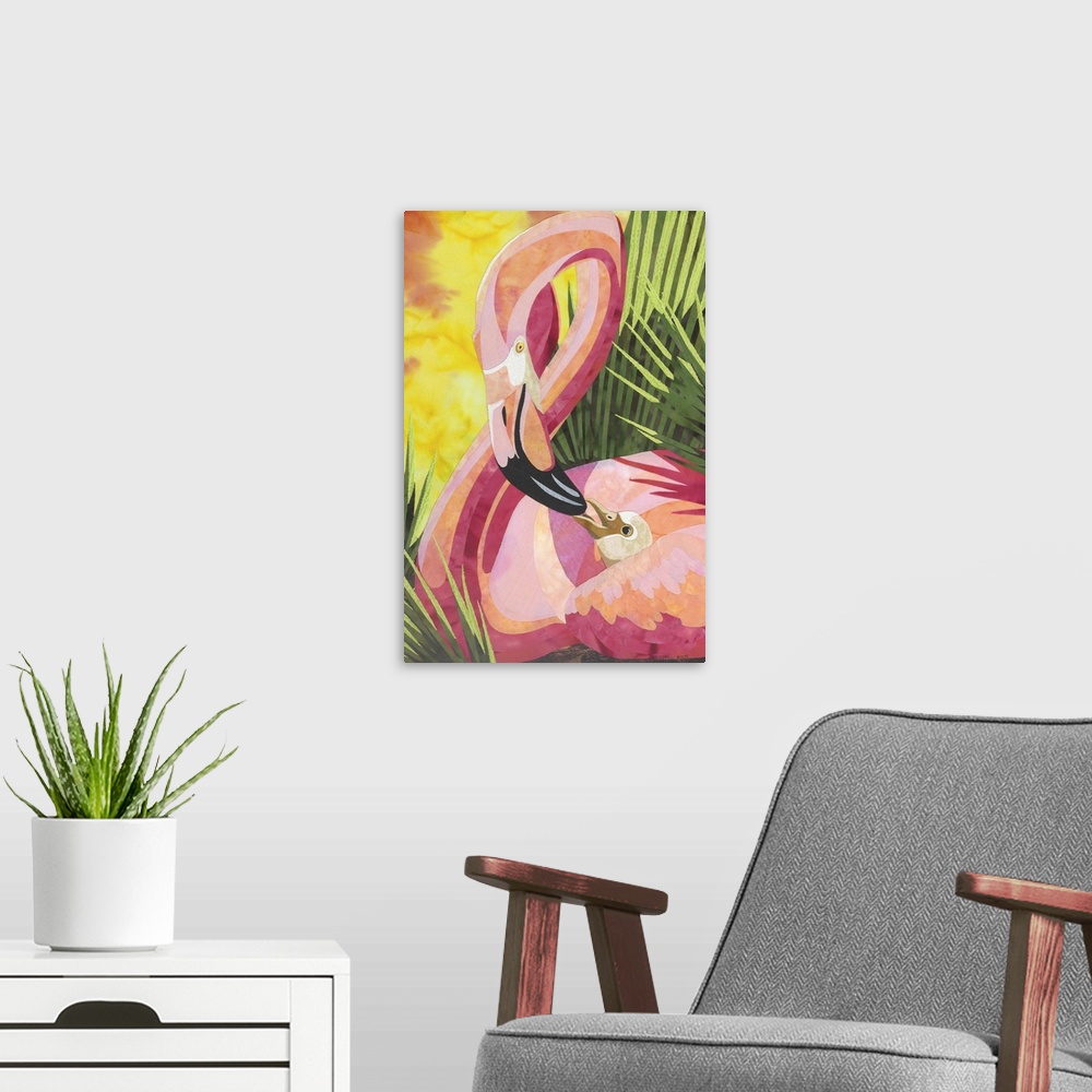 A modern room featuring Contemporary colorful fabric art of a vibrant pink flamingo feeding its chick.