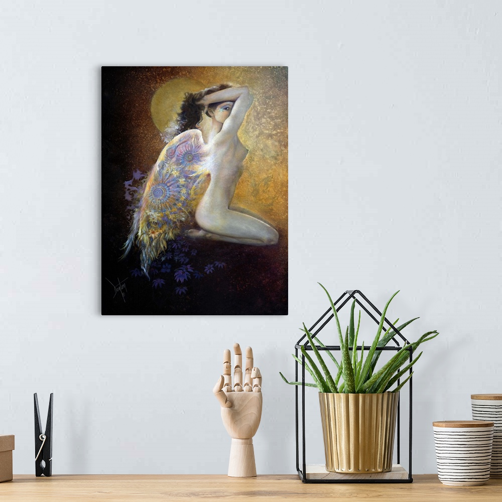 A bohemian room featuring A contemporary painting of a fairy with brightly colored elaborate wings sitting and gazing at th...