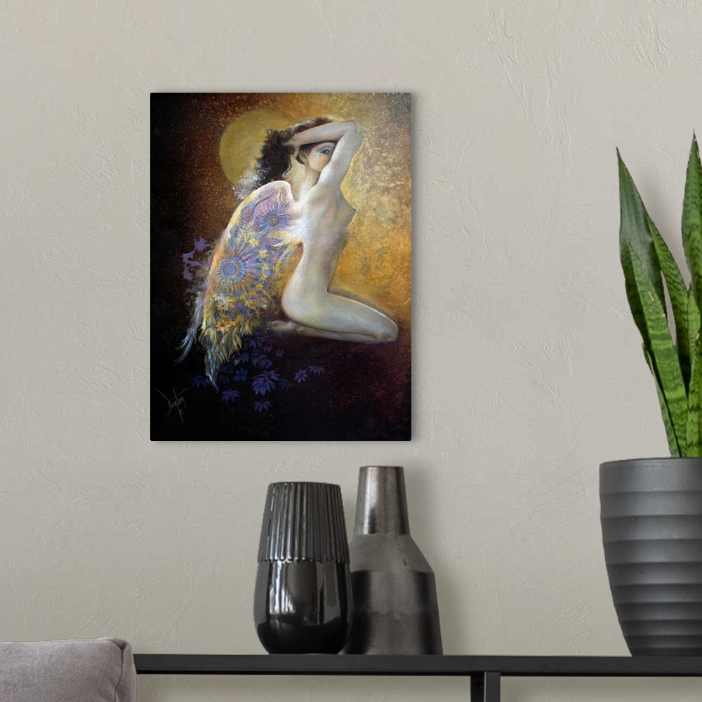 A modern room featuring A contemporary painting of a fairy with brightly colored elaborate wings sitting and gazing at th...