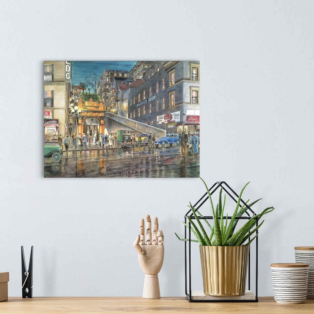 A bohemian room featuring Contemporary painting of a tunnel between tall building in a city.
