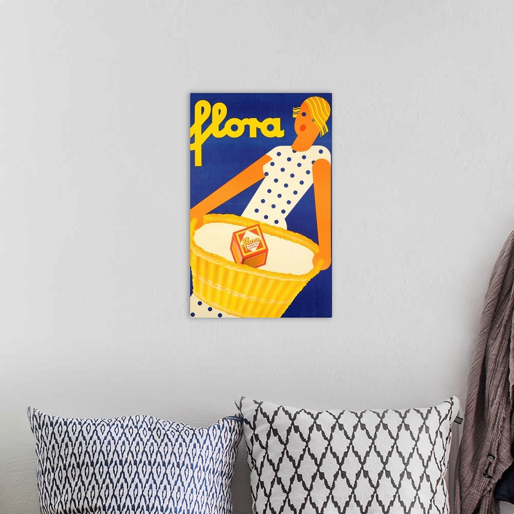 A bohemian room featuring Vintage poster advertisement for Flora Soap.
