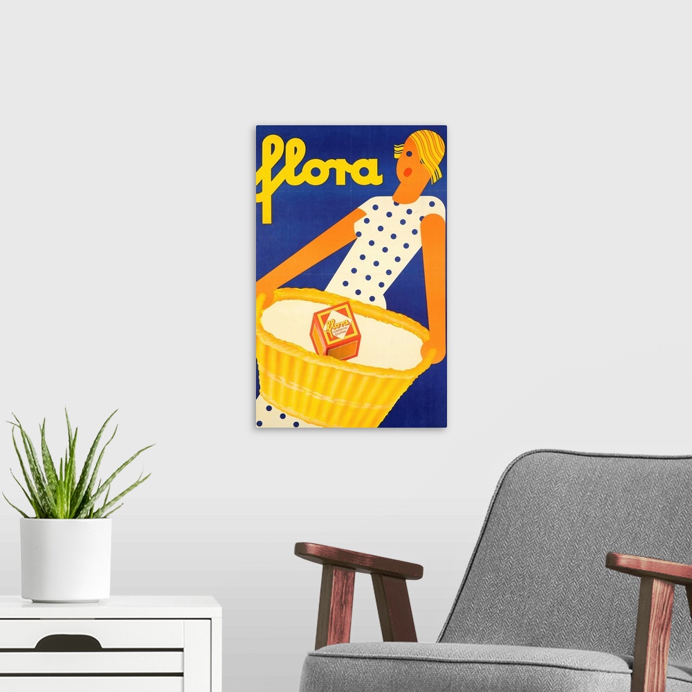 A modern room featuring Vintage poster advertisement for Flora Soap.