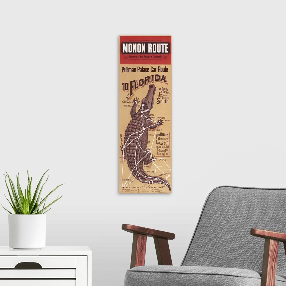 A modern room featuring Vintage advertisement artwork for Monon Route.