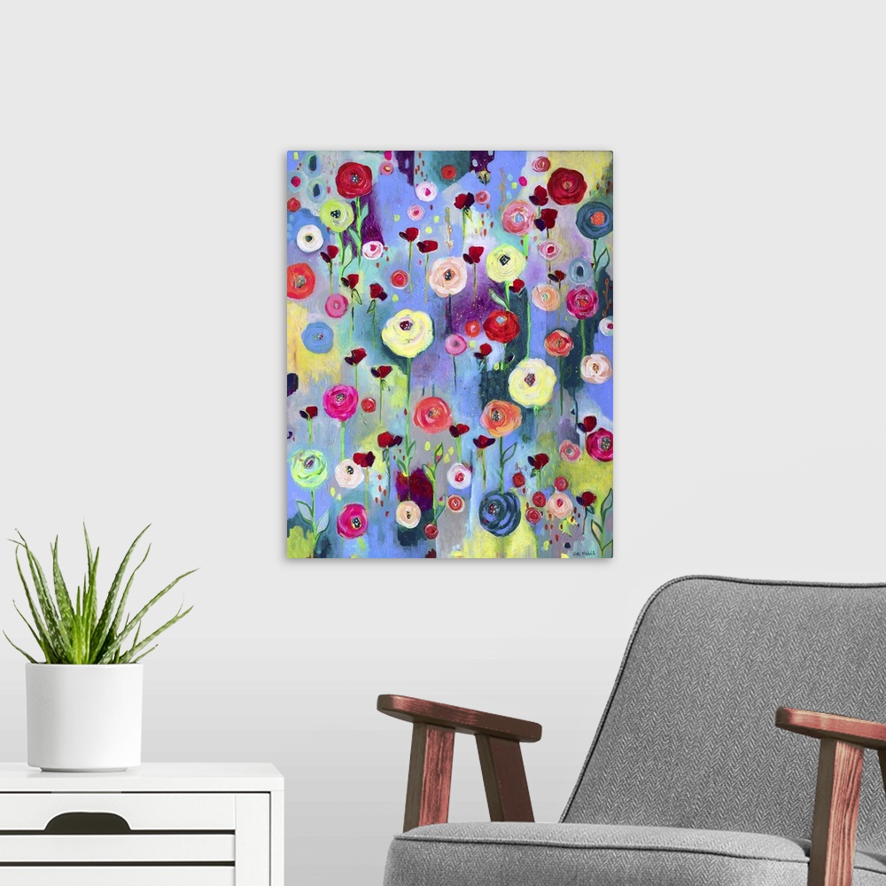 A modern room featuring Large painting with vibrant flowers covering the canvas on a colorful background.