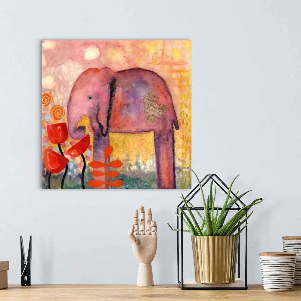 A bohemian room featuring A pink elephant overlooking large red flowers.