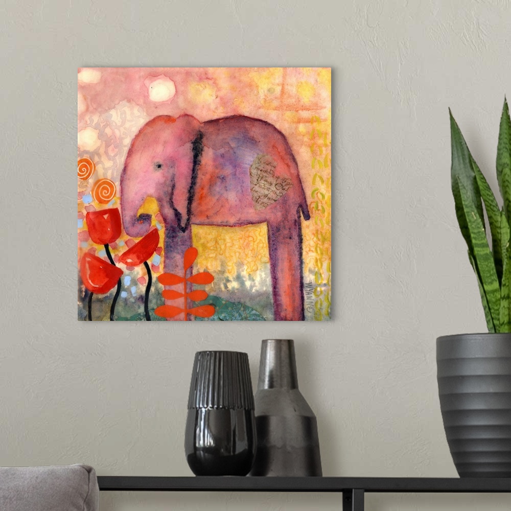 A modern room featuring A pink elephant overlooking large red flowers.