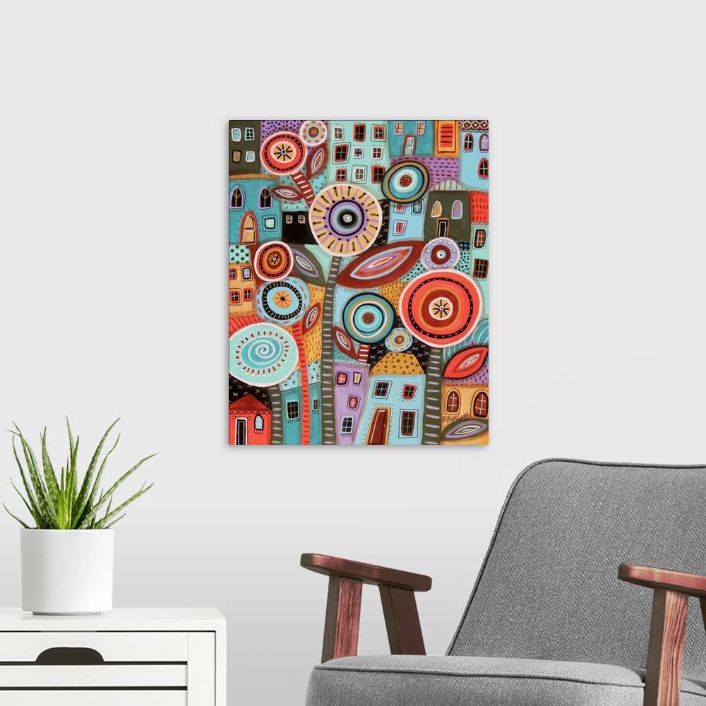 A modern room featuring A contemporary painting of a giant flower against a background of stacked and squished houses.