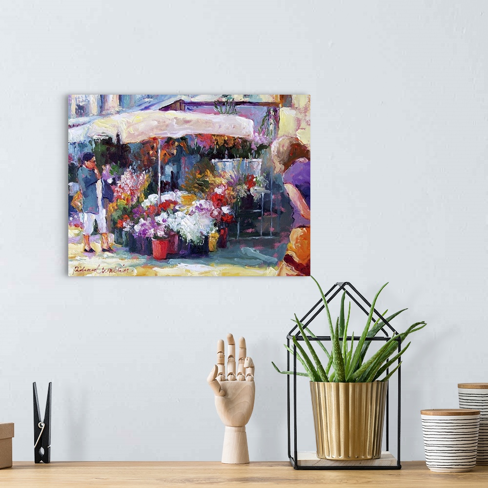 A bohemian room featuring Contemporary painting of a flower stand.