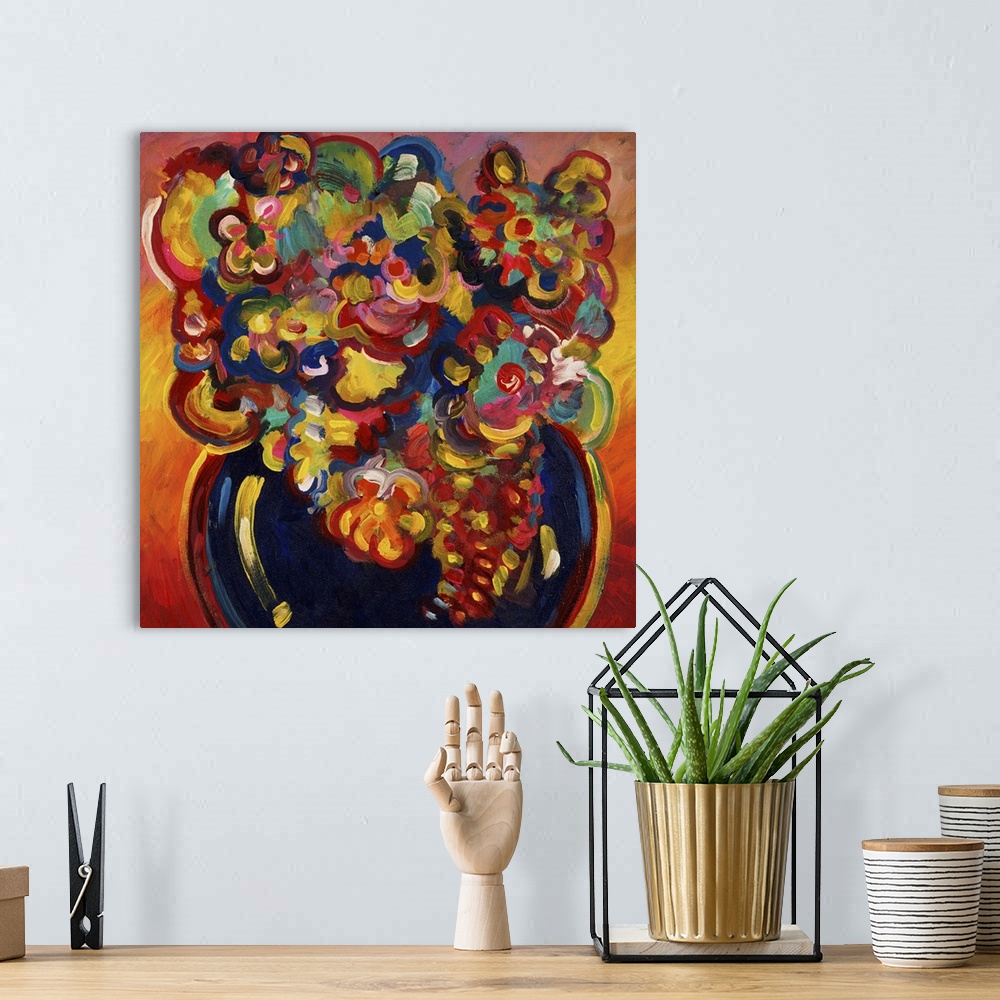 A bohemian room featuring Contemporary painting in vivid rainbow colors of a dark vase full of blooming flowers.