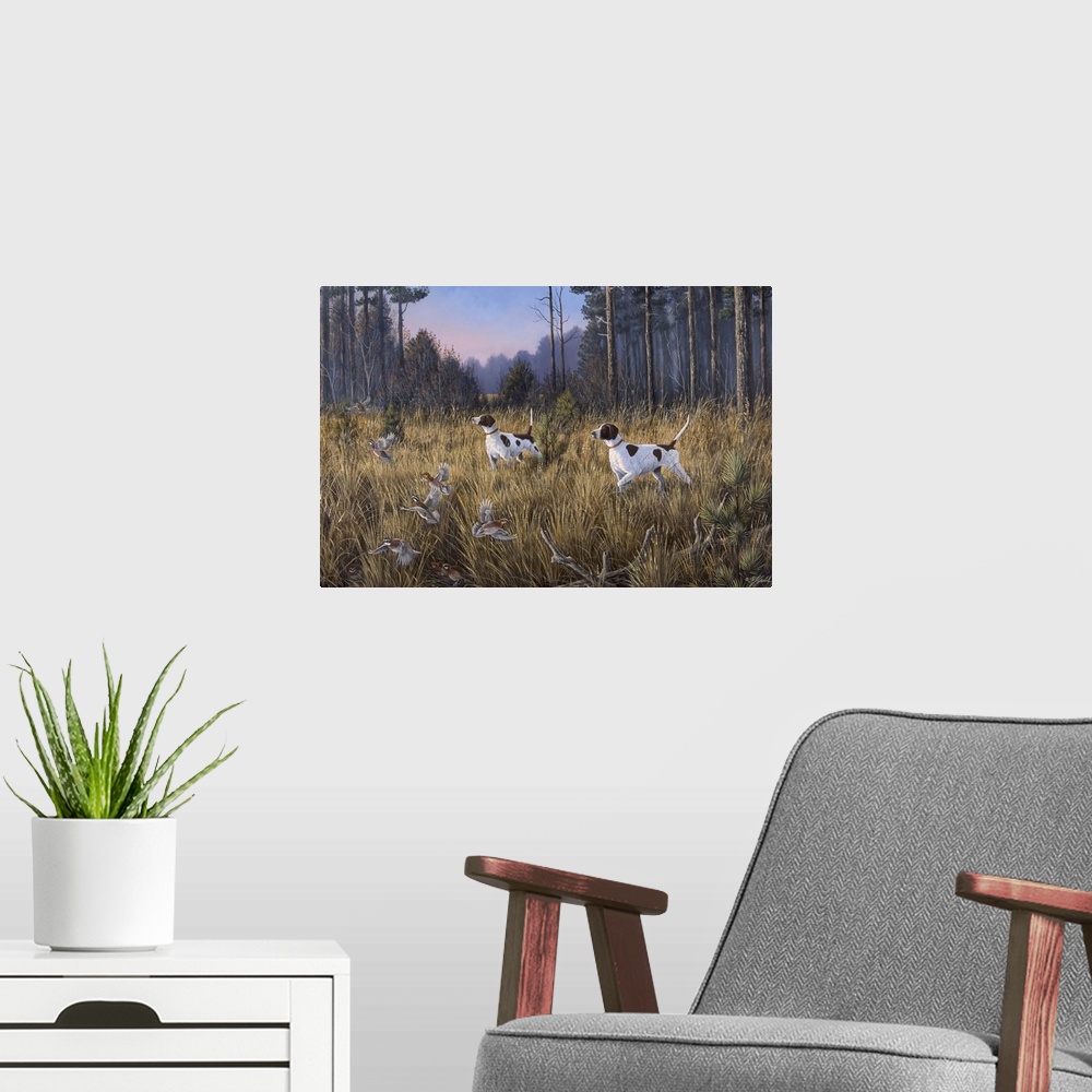 A modern room featuring Hunting dogs flushing out game birds.