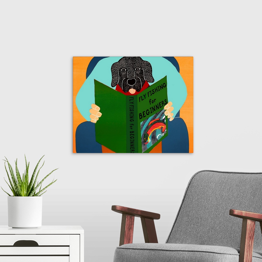 A modern room featuring Illustration of a black lab sitting on its owners lap reading a book titled "Fly Fishing For Begi...