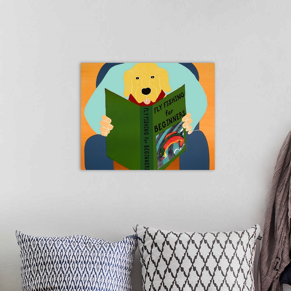 A bohemian room featuring Illustration of a yellow lab sitting on its owners lap reading a book titled "Fly Fishing For Beg...