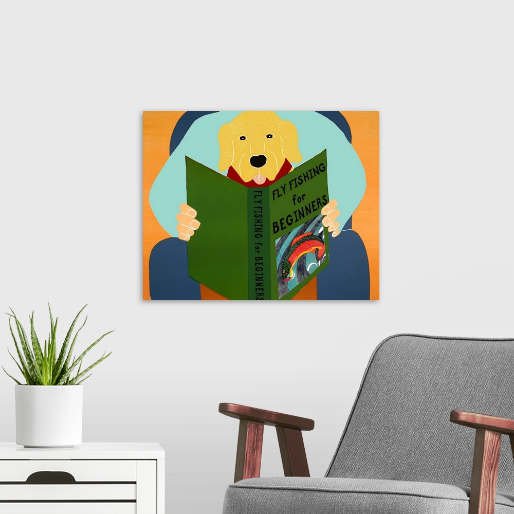A modern room featuring Illustration of a yellow lab sitting on its owners lap reading a book titled "Fly Fishing For Beg...