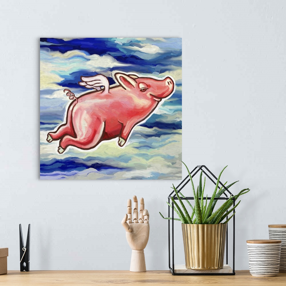A bohemian room featuring A contemporary painting of a pig flying through the air.