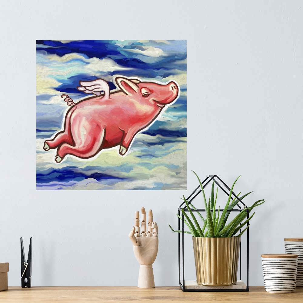 A bohemian room featuring A contemporary painting of a pig flying through the air.