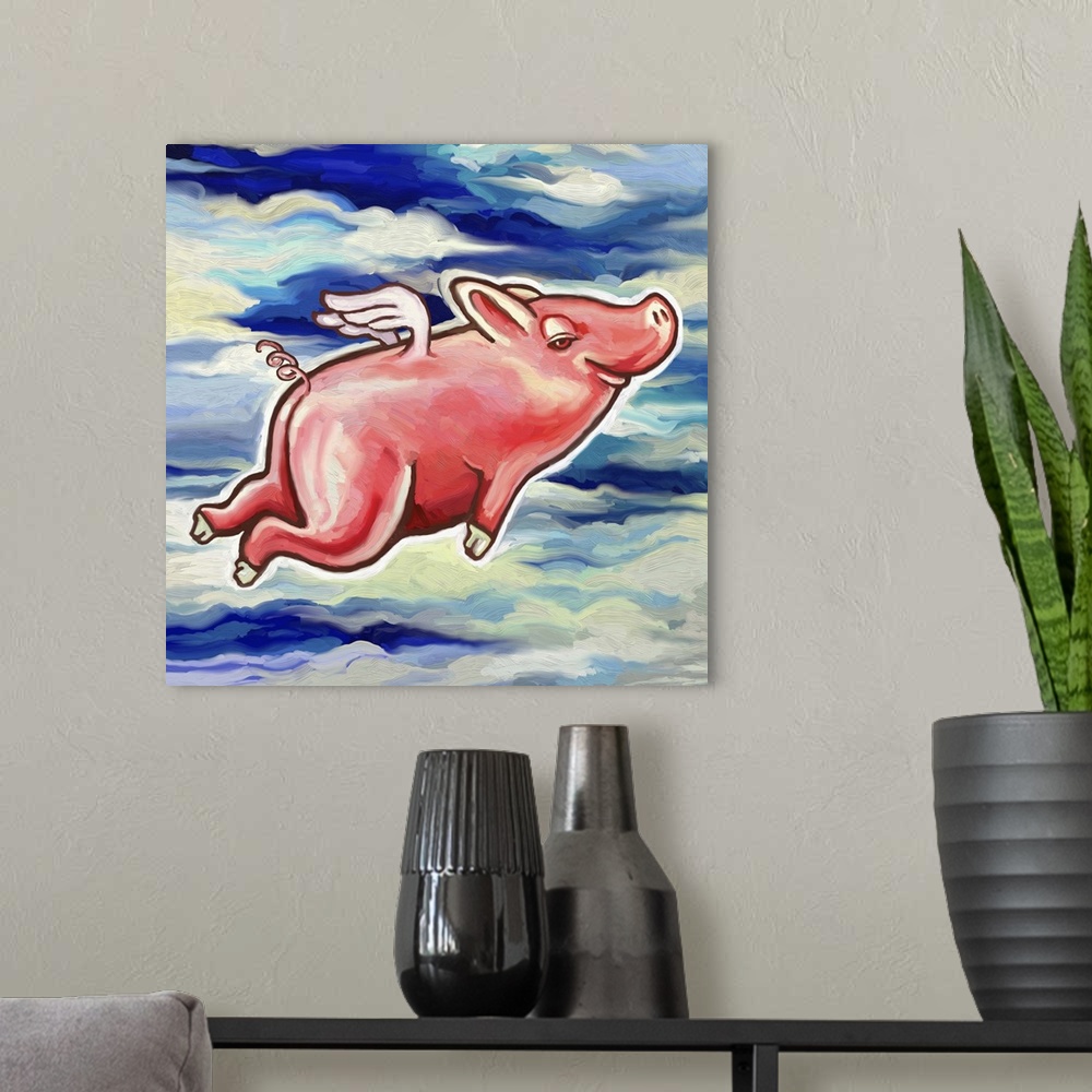 A modern room featuring A contemporary painting of a pig flying through the air.