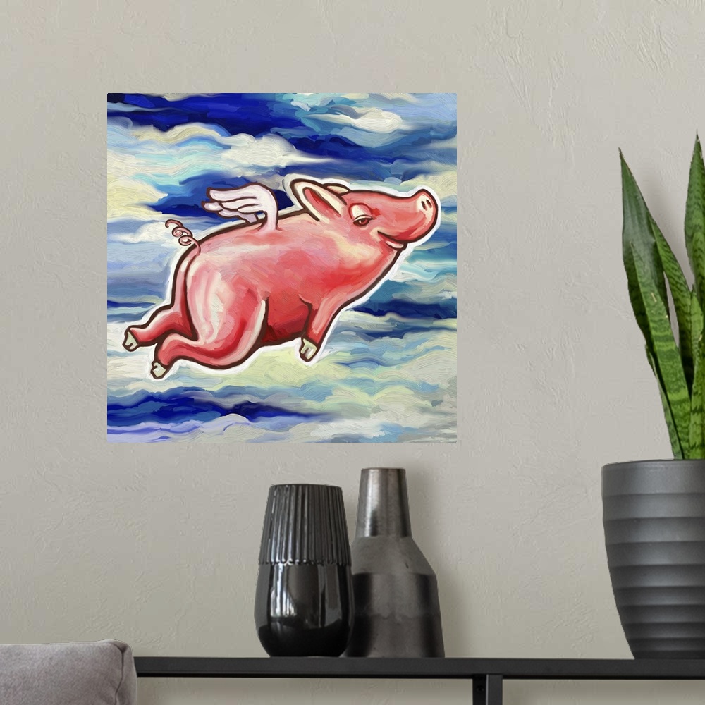 A modern room featuring A contemporary painting of a pig flying through the air.