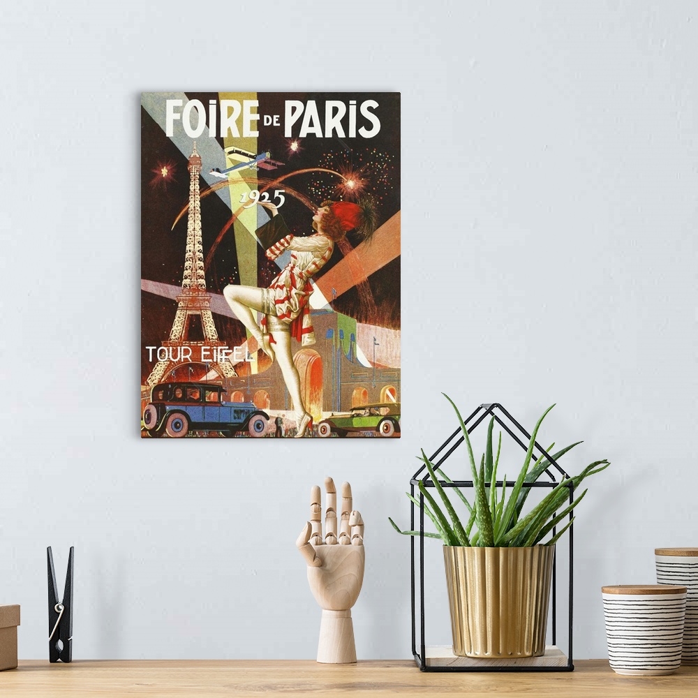 A bohemian room featuring Foire de Paris, vintage Paris poster