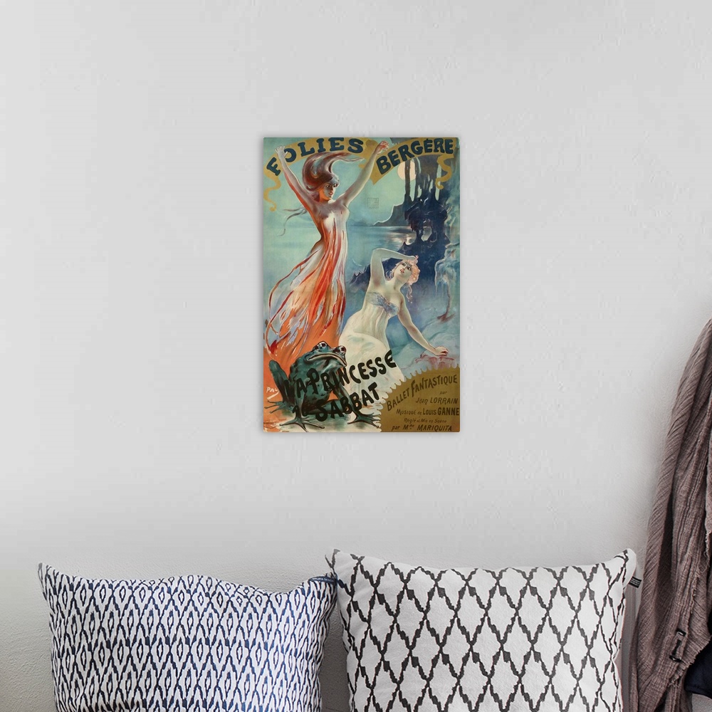 A bohemian room featuring Vintage poster advertisement for Folies Bergere Pal.