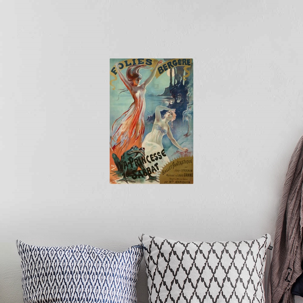A bohemian room featuring Vintage poster advertisement for Folies Bergere Pal.