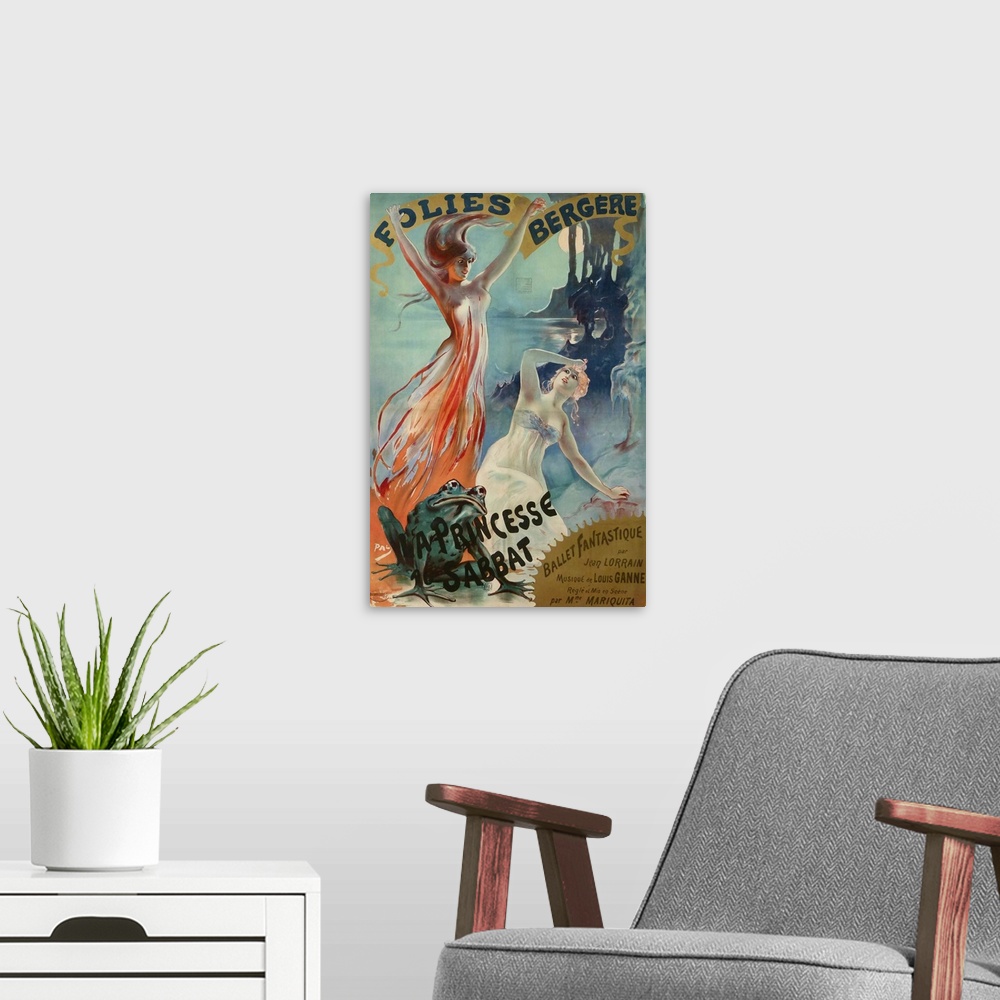 A modern room featuring Vintage poster advertisement for Folies Bergere Pal.