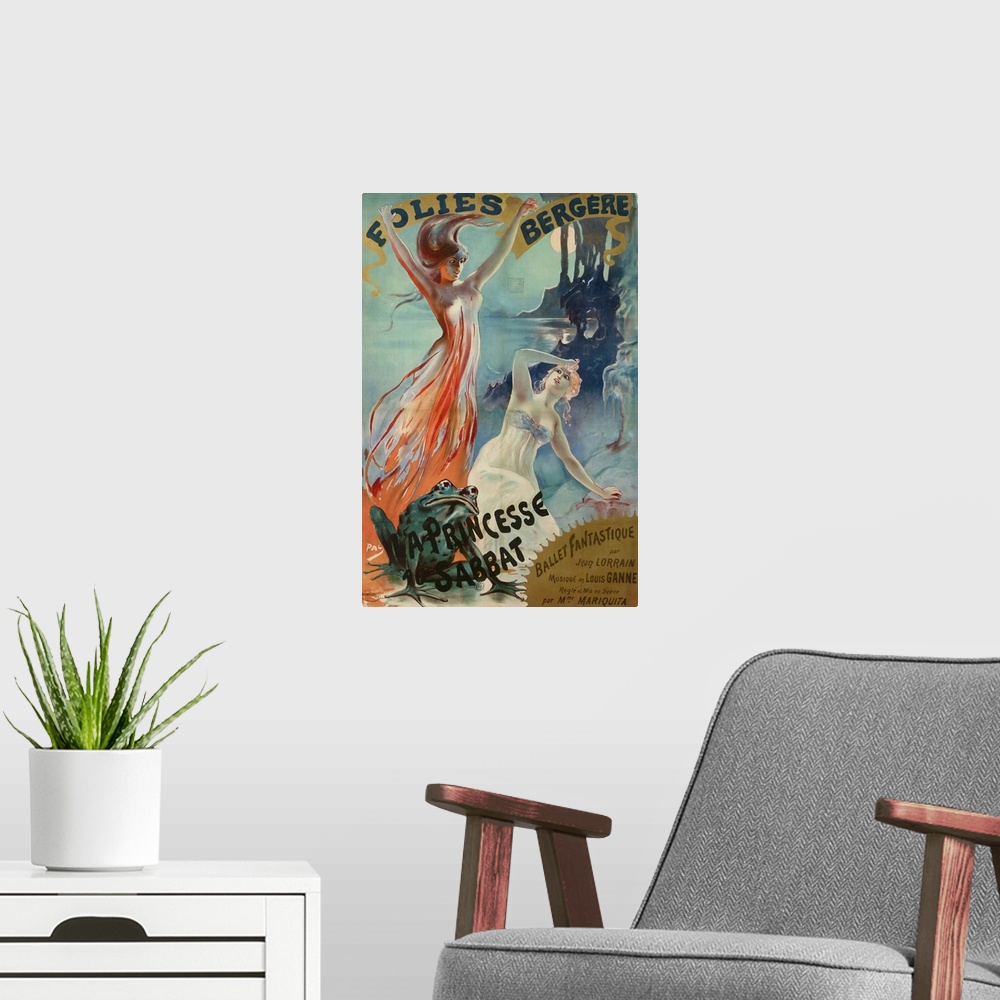 A modern room featuring Vintage poster advertisement for Folies Bergere Pal.