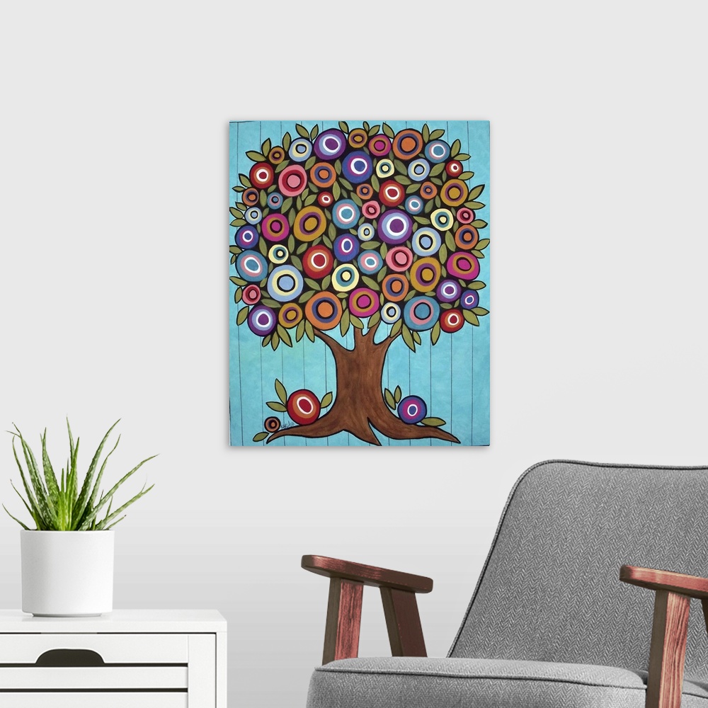 A modern room featuring Contemporary painting of a tree with multi-colored round flowers.