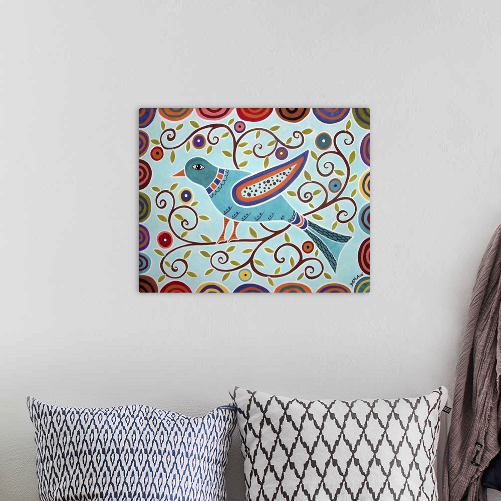 A bohemian room featuring Contemporary folk art painting of a bird perched on a curly branch.