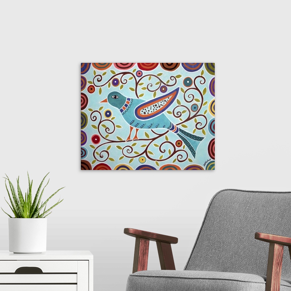 A modern room featuring Contemporary folk art painting of a bird perched on a curly branch.