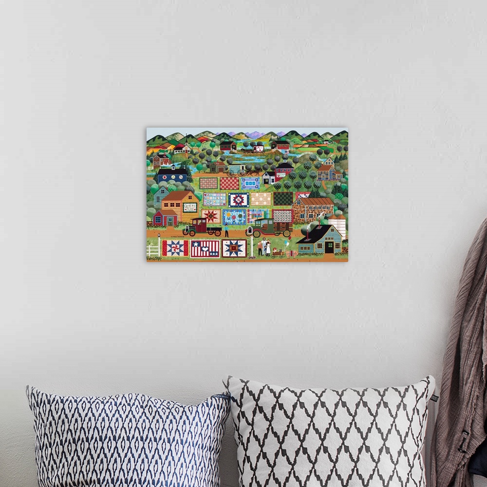 A bohemian room featuring Contemporary painting of an Americana countryside village scene.