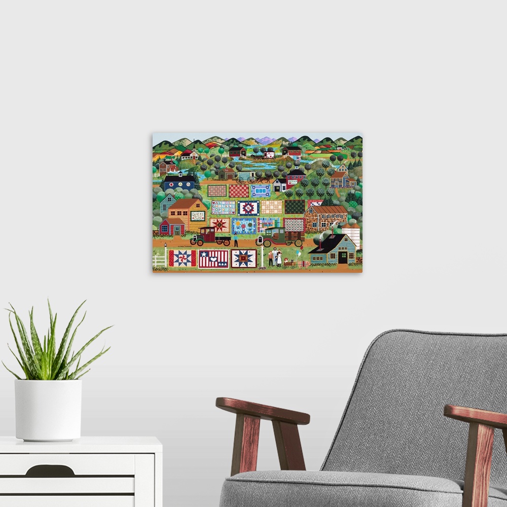 A modern room featuring Contemporary painting of an Americana countryside village scene.