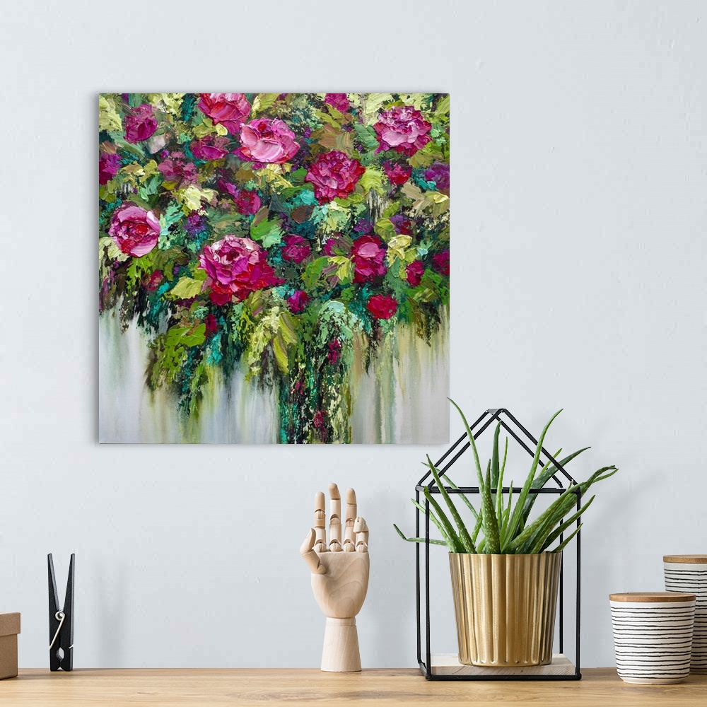 A bohemian room featuring Colorful acrylic floral bouquet painting of red roses and pink flowers by contemporary artist Mel...