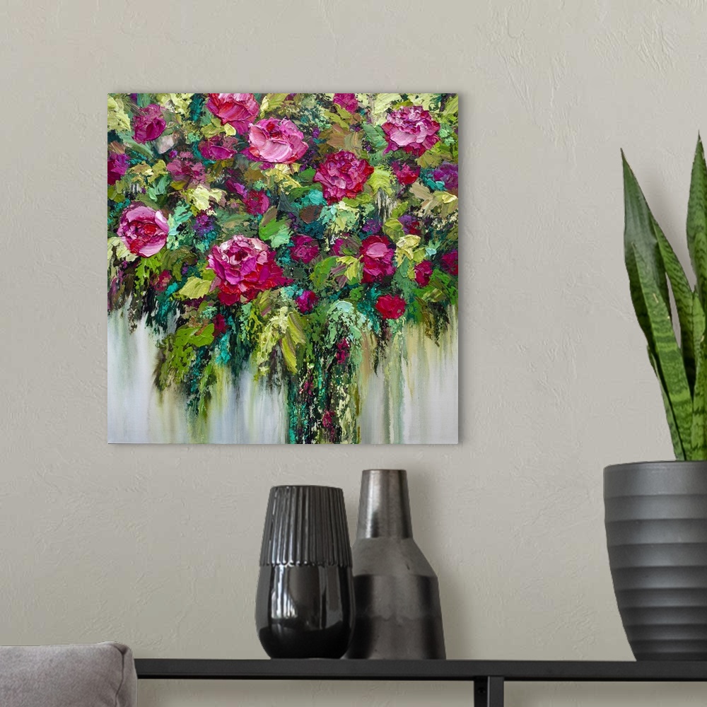 A modern room featuring Colorful acrylic floral bouquet painting of red roses and pink flowers by contemporary artist Mel...