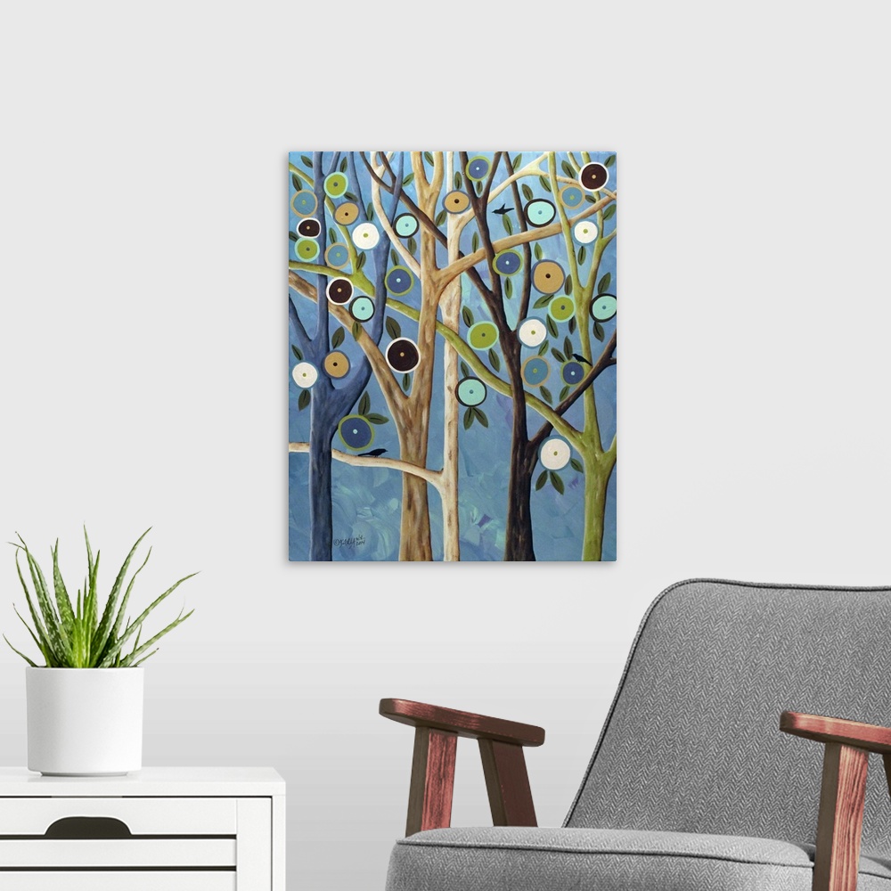 A modern room featuring Contemporary painting of a forest of trees with long branches and round flowers.
