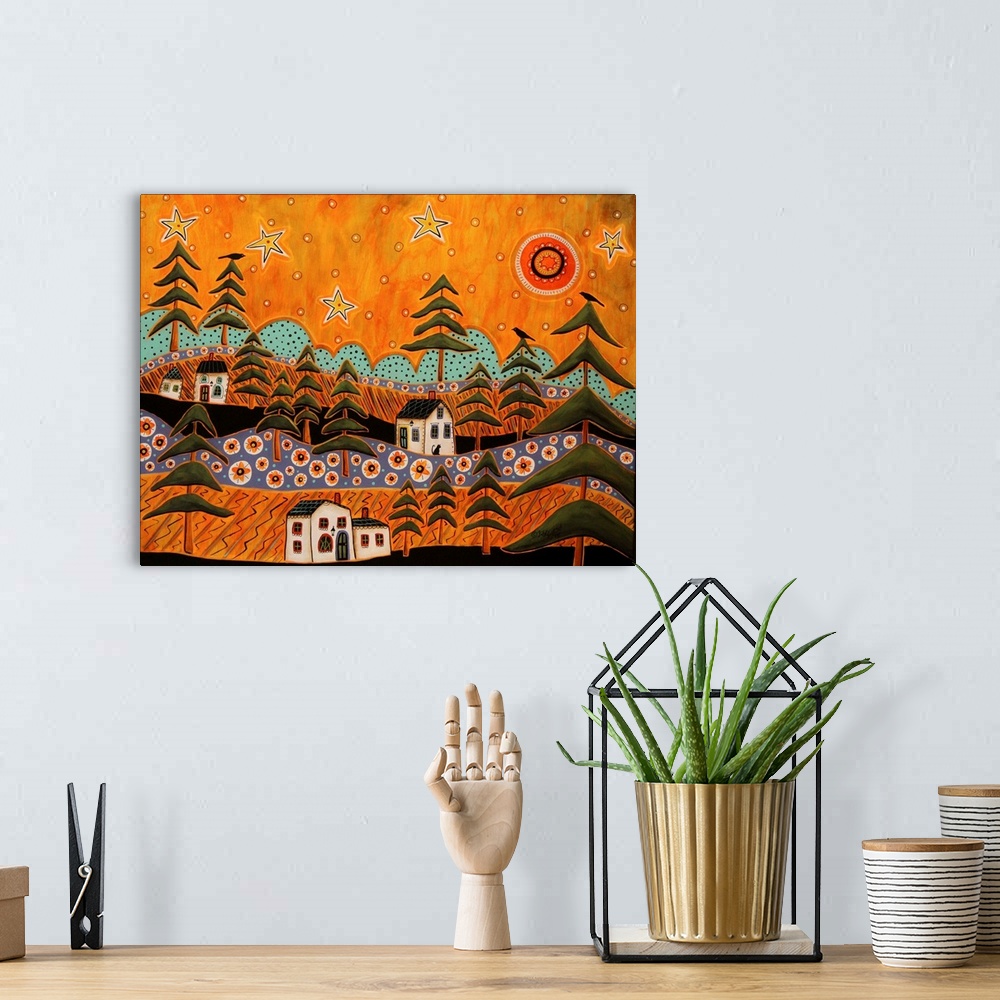 A bohemian room featuring A contemporary folk art style painting of a rolling countryside landscape.